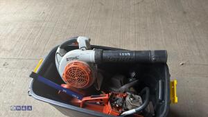 Box of Husqvarna/Stihl spares & pipe bender