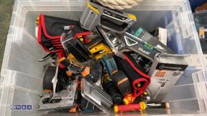 Box of tape measures, screwdrivers, STANLEY knives