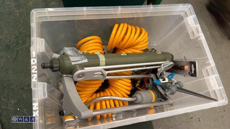 Box of sprinklers, hoses, coupling nozzles
