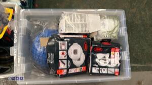 Box of safety equipment, masks, helmets, socks, gloves