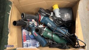 Box of chargers, batteries, angle grinders