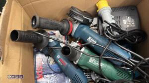 Box of chargers, batteries, angle grinders - 4