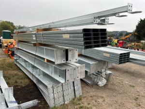 60' x 30' x 16' Fully Galvanised steel portal frame building 3' x 20' bays, 8 stanchions, 8 x rafters, 2 x roof brace, 4 x side braces, 30 x C180 purlins, Weight 4500kg, 12.5 degrees roof pitch, roof cleats to accept fibre cement or steel cladding c/w bol