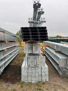 60' x 30' x 16' Fully Galvanised steel portal frame building 3' x 20' bays, 8 stanchions, 8 x rafters, 2 x roof brace, 4 x side braces, 30 x C180 purlins, Weight 4500kg, 12.5 degrees roof pitch, roof cleats to accept fibre cement or steel cladding c/w bol - 2