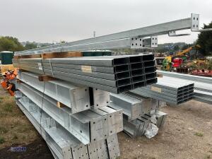 60' x 30' x 16' Fully Galvanised steel portal frame building 3' x 20' bays, 8 stanchions, 8 x rafters, 2 x roof brace, 4 x side braces, 30 x C180 purlins, Weight 4500kg, 12.5 degrees roof pitch, roof cleats to accept fibre cement or steel cladding c/w bol - 3