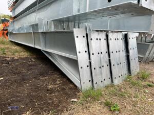 60' x 30' x 16' Fully Galvanised steel portal frame building 3' x 20' bays, 8 stanchions, 8 x rafters, 2 x roof brace, 4 x side braces, 30 x C180 purlins, Weight 4500kg, 12.5 degrees roof pitch, roof cleats to accept fibre cement or steel cladding c/w bol - 5