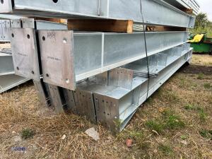 60' x 30' x 16' Fully Galvanised steel portal frame building 3' x 20' bays, 8 stanchions, 8 x rafters, 2 x roof brace, 4 x side braces, 30 x C180 purlins, Weight 4500kg, 12.5 degrees roof pitch, roof cleats to accept fibre cement or steel cladding c/w bol - 8