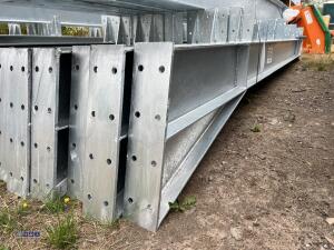 60' x 30' x 16' Fully Galvanised steel portal frame building 3' x 20' bays, 8 stanchions, 8 x rafters, 2 x roof brace, 4 x side braces, 30 x C180 purlins, Weight 4500kg, 12.5 degrees roof pitch, roof cleats to accept fibre cement or steel cladding c/w bol - 15