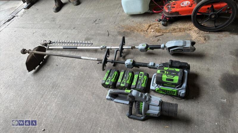 EGO bundle (4 x batteries, charger, blower, power unit, hedge trimmer attachment & brush cutter)