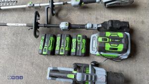 EGO bundle (4 x batteries, charger, blower, power unit, hedge trimmer attachment & brush cutter) - 3