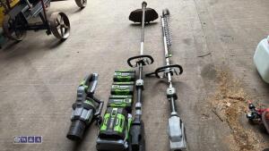 EGO bundle (4 x batteries, charger, blower, power unit, hedge trimmer attachment & brush cutter) - 4