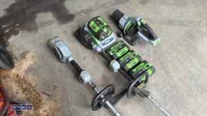 EGO bundle (4 x batteries, charger, blower, power unit, hedge trimmer attachment & brush cutter) - 8