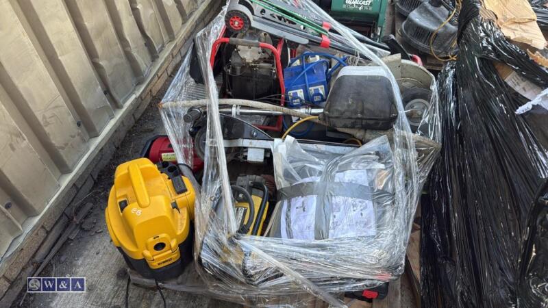 Pallet including tile cutter, air compressor, charger, chopsaw, scooter etc