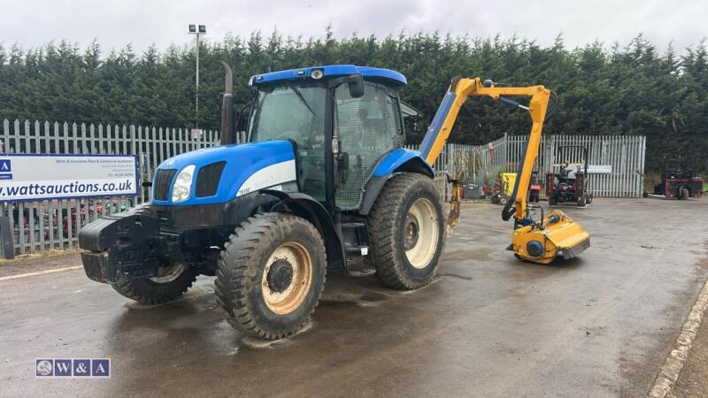 2005 NEW HOLLAND TS100A tractor, twin assister rams, front weights, air seat, shuttle,,air conditioning, c/w Bomford Falcon 5:5 hedge cutter, joystick controls, road blower (FN05 CWV)(V5 in office)