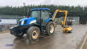2005 NEW HOLLAND TS100A tractor, twin assister rams, front weights, air seat, shuttle,,air conditioning, c/w Bomford Falcon 5:5 hedge cutter, joystick controls, road blower (FN05 CWV)(V5 in office)