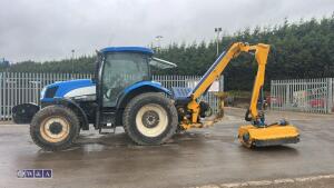 2005 NEW HOLLAND TS100A tractor, twin assister rams, front weights, air seat, shuttle,,air conditioning, c/w Bomford Falcon 5:5 hedge cutter, joystick controls, road blower (FN05 CWV)(V5 in office) - 2