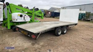 3500kg beavertail twin axle plant trailer c/w headboard, winch, pull out ramps, LED worklights, LED stop indicators, LED warning lights, approx 19ft long, 3 x spare wheels, 2 x under sluge tool boxes - 4