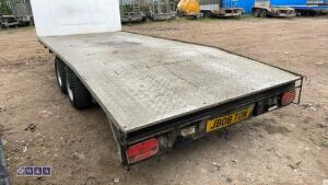 3500kg beavertail twin axle plant trailer c/w headboard, winch, pull out ramps, LED worklights, LED stop indicators, LED warning lights, approx 19ft long, 3 x spare wheels, 2 x under sluge tool boxes - 6