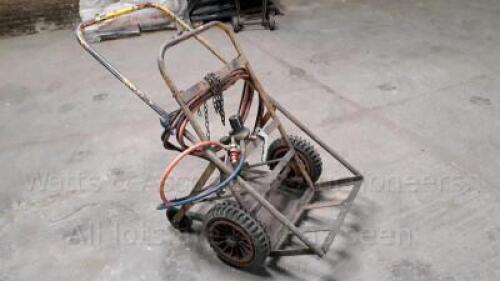 Bottle trolley c/w gas pipes, cutting torch & gauges