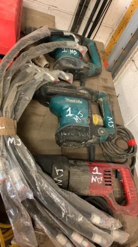 Quantity of hydraulic hose (unused) & MILWAUKEE 110v reciprocating saw & 2 x MAKITA HR3210C SDS drill breakers