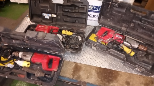 3 x MILWAUKEE 110v core drill c/w case (spares)