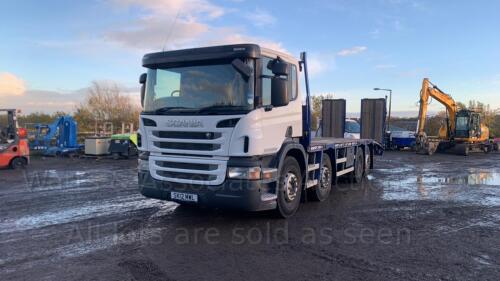 2012 SCANIA P-SRS L-CLASS 8x2 plant wagon with rear steer lift axle, hyd flip ramps, winch & remote (SK12 MWL) (MoT 31st July 2023)(V5, MoT & work file in office) (All hour and odometer readings are unverified and unwarranted)