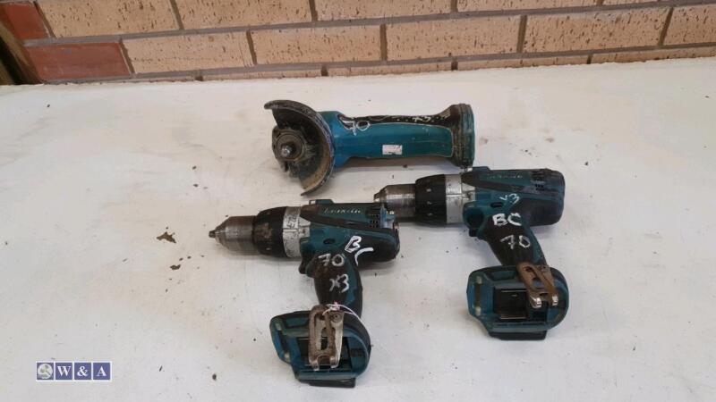 2 x MAKITA 18v combi drills & 1 x MAKITA 18v angle grinder