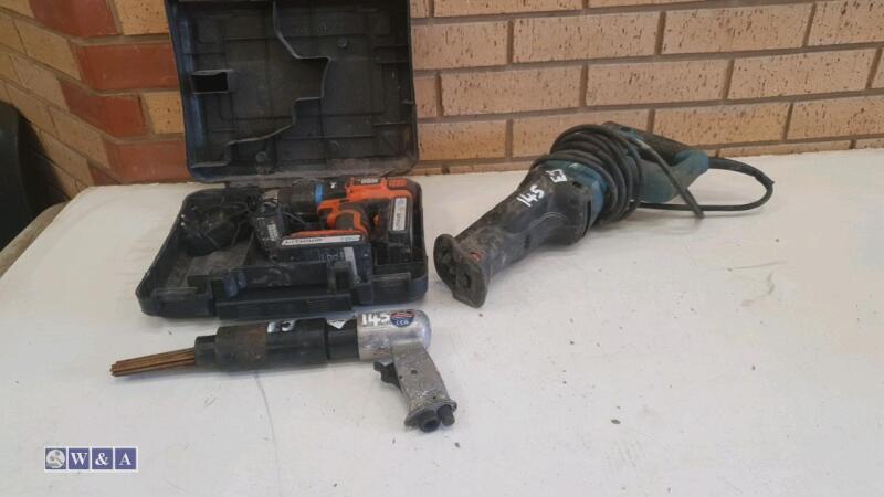 BLACK & DECKER 18v combi drill c/w case, MAKITA reciprocating saw & SEALEY needle scaler