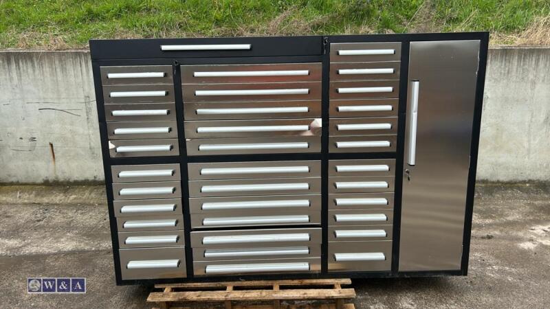 7ft, 35 drawer stainless steel workbench (unused)