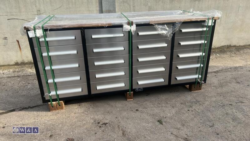 7ft, 20 drawer stainless steel workbench (unused)