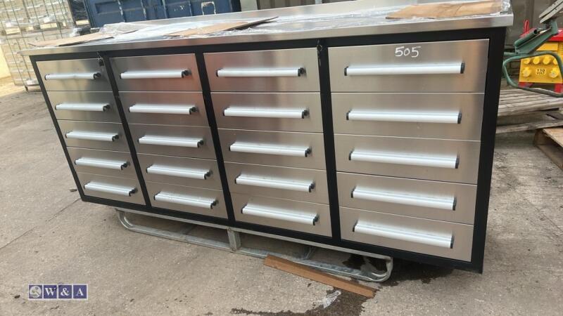 7ft, 20 drawer stainless steel workbench (unused)