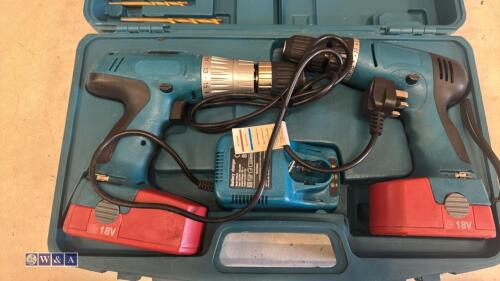 2 x MAKITA 18v combi drills c/w drill bits, 2 x batteries, charger & case