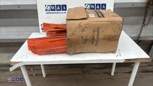 Box of STIHL hedge trimmer, chainsaw spares & scabards, etc