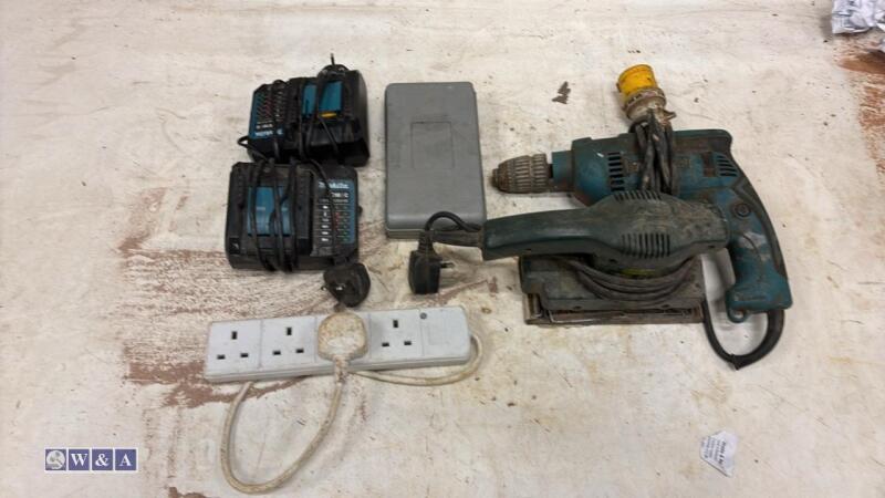 Pad sander, drill, 2 x MAKITA chargers & mini socket set