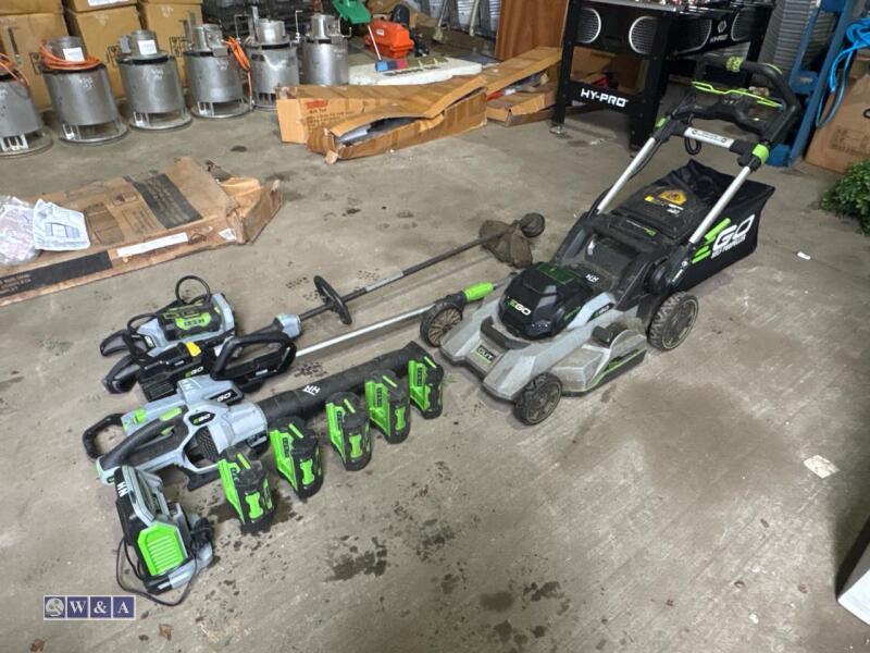 EGO bundle (mower, long reach hedge trimmer, blower, brushcutter, harness, charger & 6 x batteries)