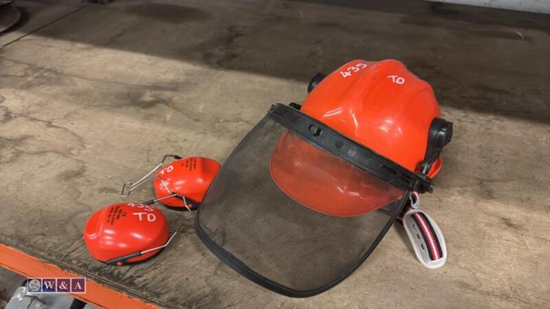 Hard hat c/w face cover & ear protectors