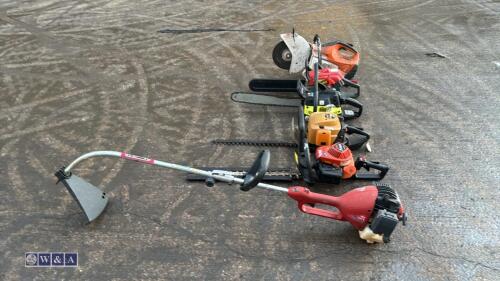 Pallet containing 2 x petrol hedge trimmers, 2 x petrol chainsaws, STIHL petrol stone saw & strimmer