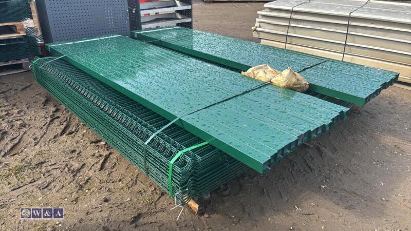 Security fencing of 25 x panels (8' x 7' x 5mm) plastic coated & 26 x fence posts (60 x 60) c/w fittings (all approx)