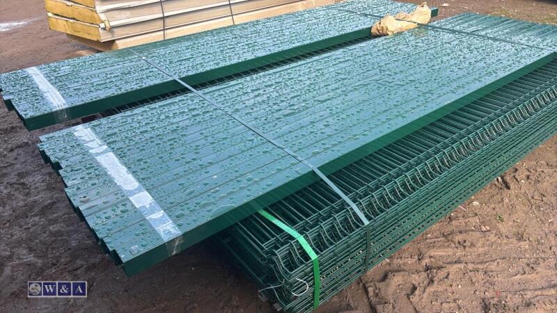 Security fencing of 25 x panels (8' x 7' x 5mm) plastic coated & 26 x fence posts (60 x 60) c/w fittings (all approx)